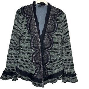 Dolce Cabo Sweater Womens Medium Gray Black Ruffle Trim Knit Cardigan Jacket